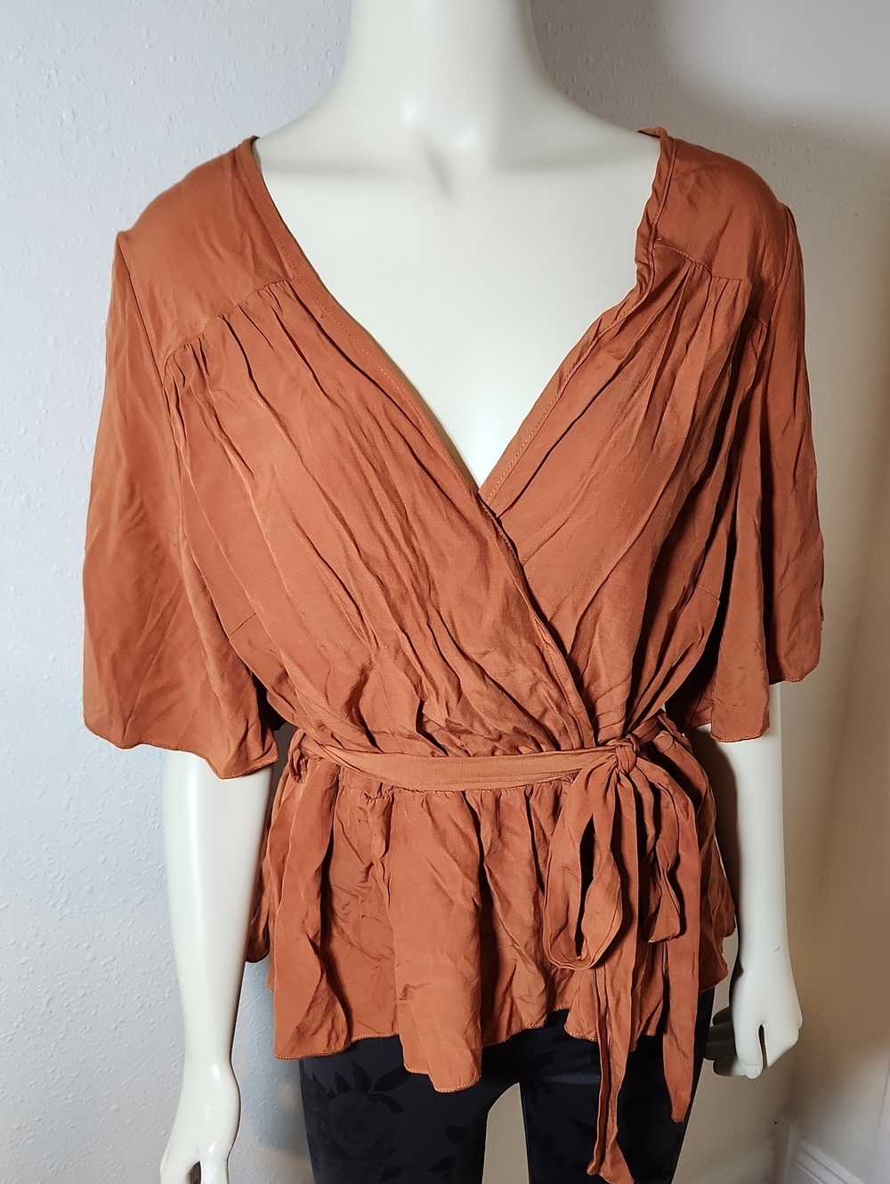 SHEIN Burnt Orange Wrap Blouse with Tie Waist